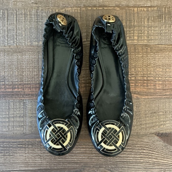 Tory Burch Black Ballerina Flats with Gold Accents - Picture 2 of 9